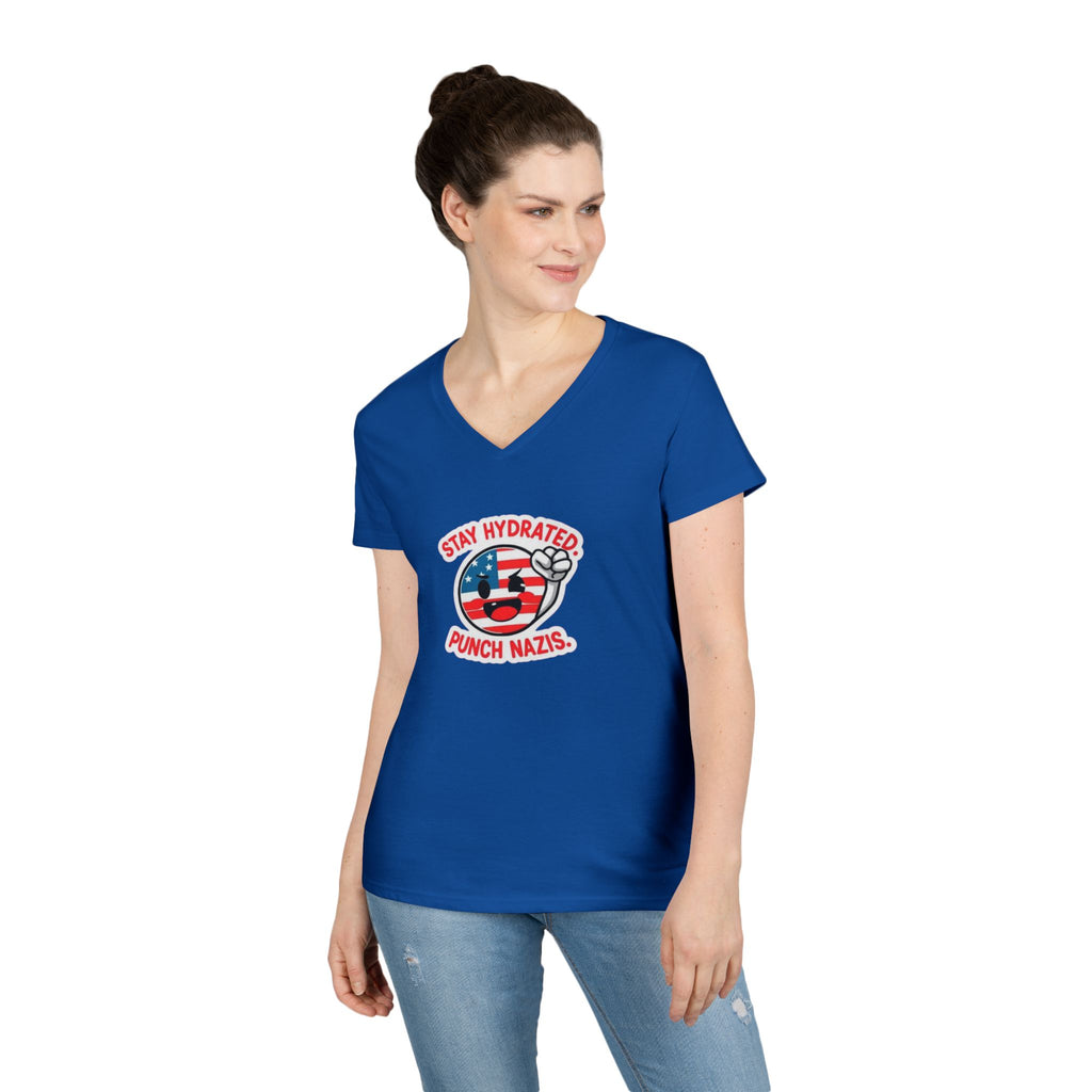 Stay Hydrated Punch Nazis V-Neck T-Shirt - Protest against Fascism Message Tee for Activists