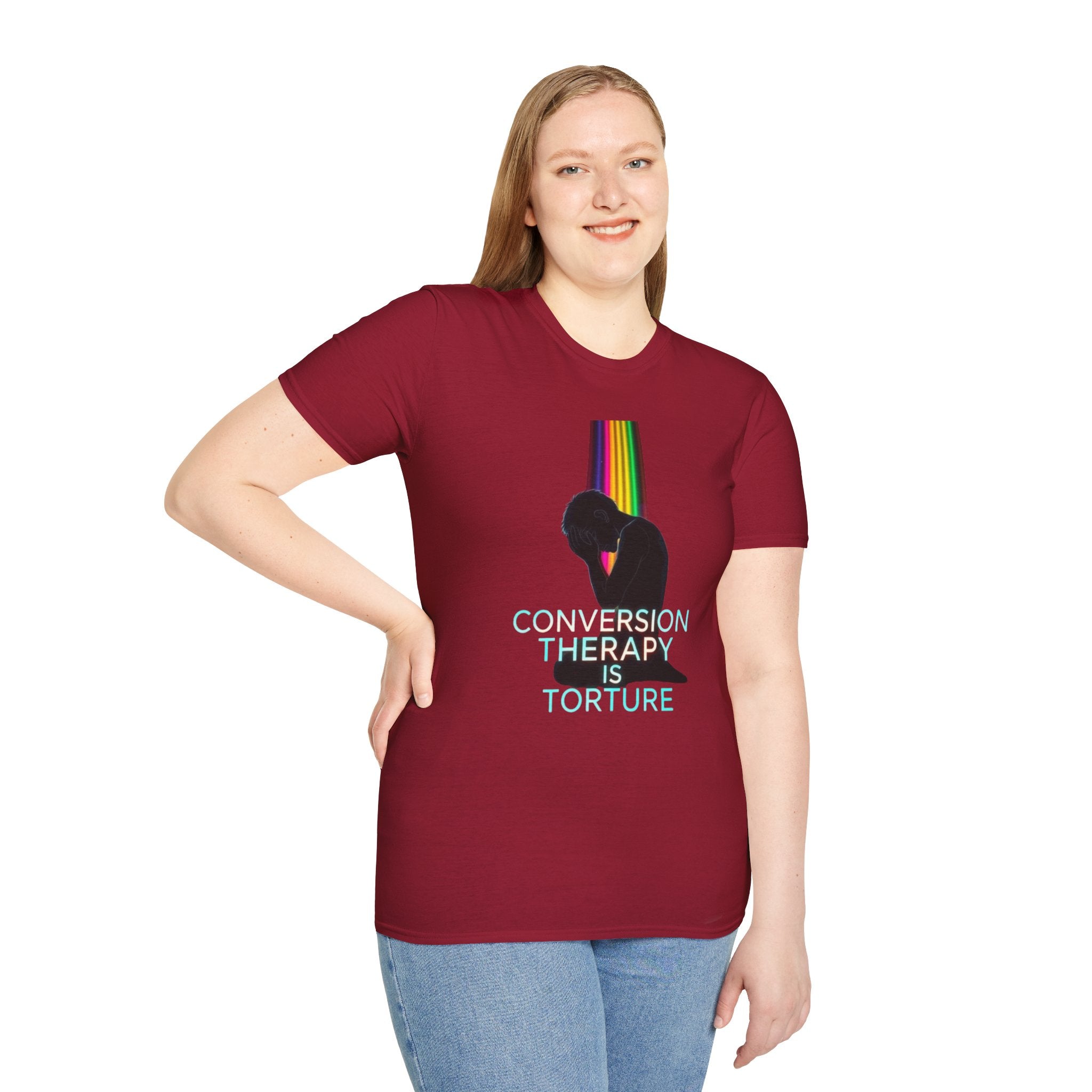 Unisex Softstyle T-Shirt: "Conversion Therapy is Torture" & "We All Belong" - LGBTQ+ Empowerment Tee