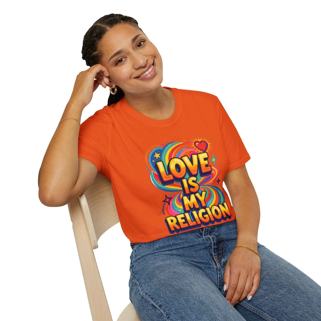 T-Shirt — "Love Is My Religion" Retro Rainbow Graphic Tee