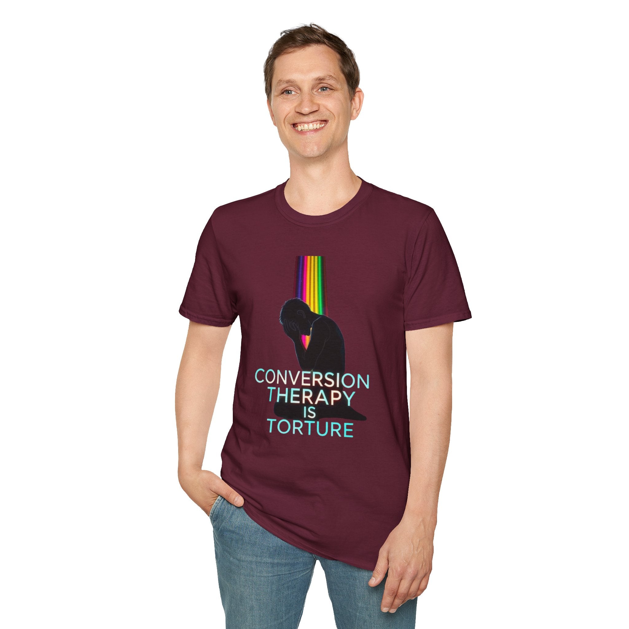 Unisex Softstyle T-Shirt - LGBTQ+ Empowerment T-Shirt: Conversion Therapy is Torture & We All Belong
