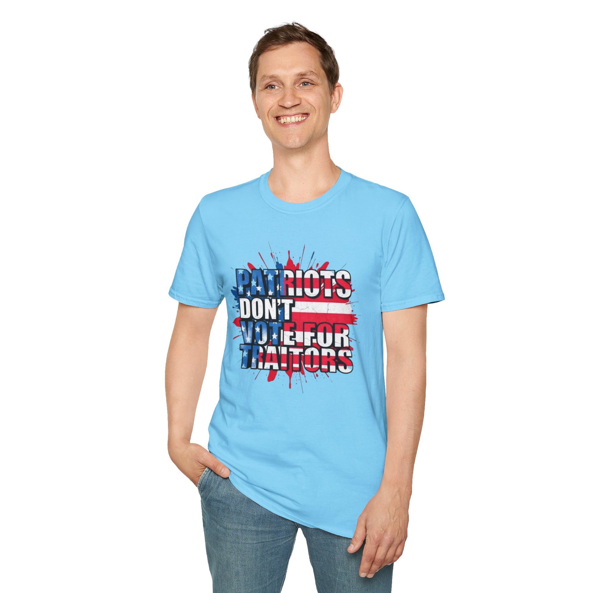 Unisex Softstyle T-Shirt - 'Patriots Don't Vote for Traitors' with USA Flag Design