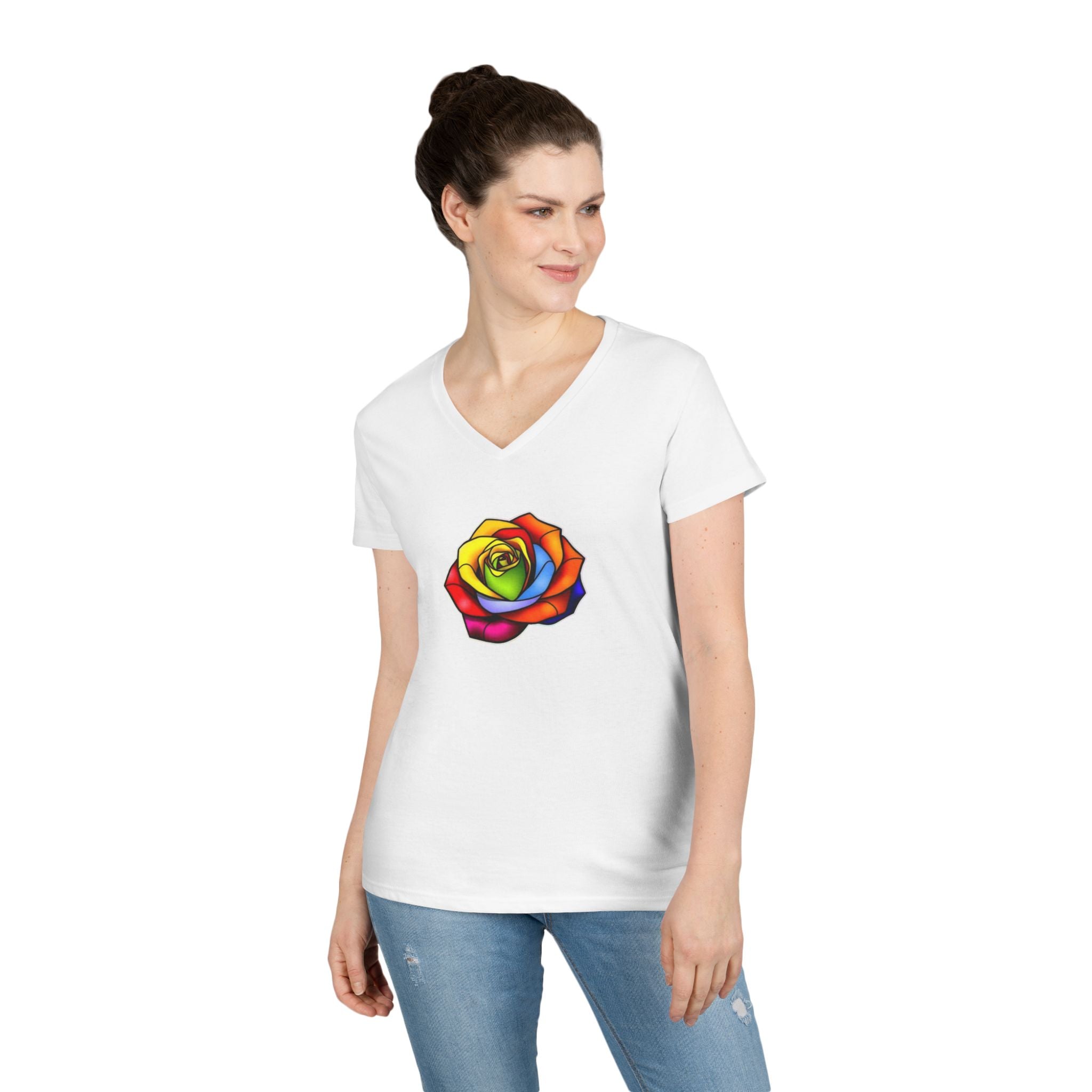 Rainbow Rose Ladies' V-Neck T-Shirt - Colorful Floral Design