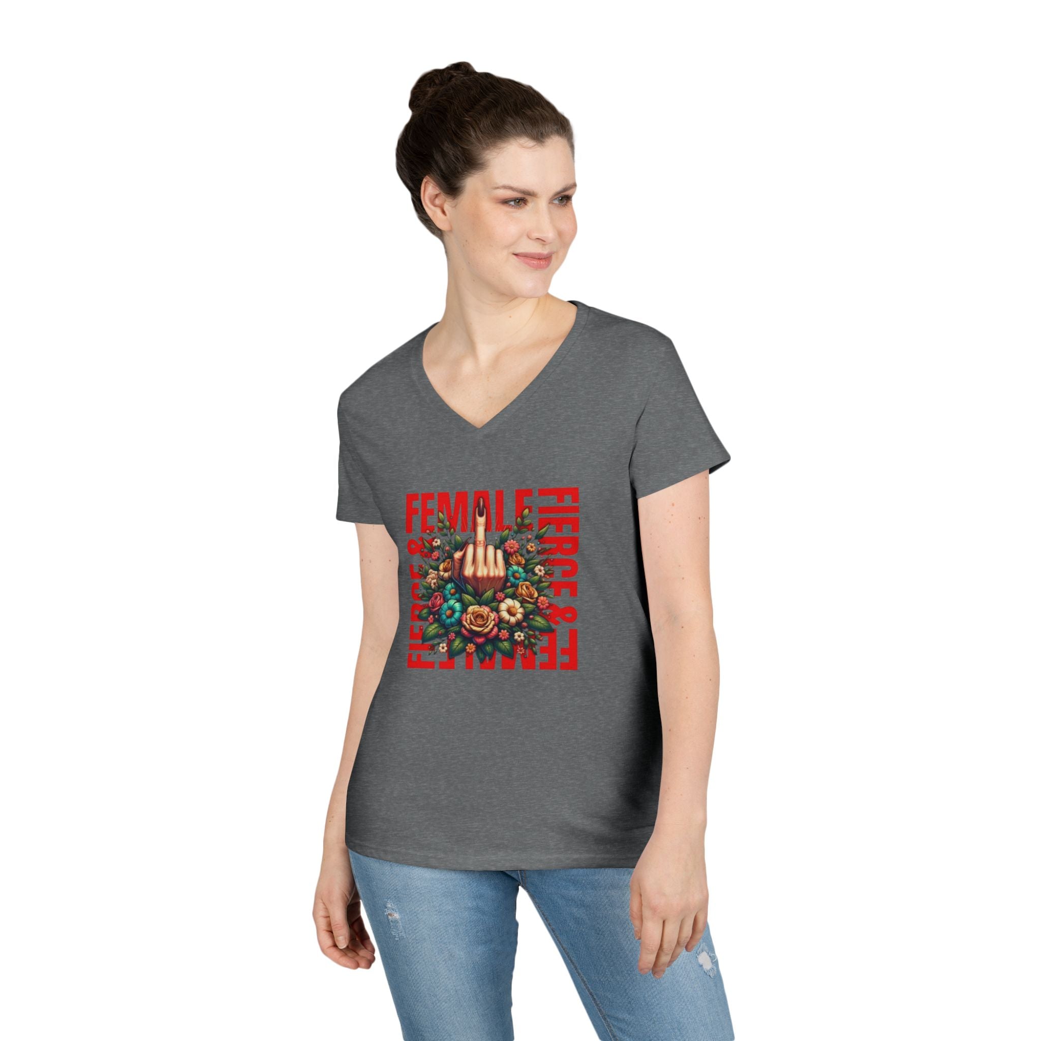 Fierce & Female V-Neck T-Shirt - Empowering Floral Tee for Women