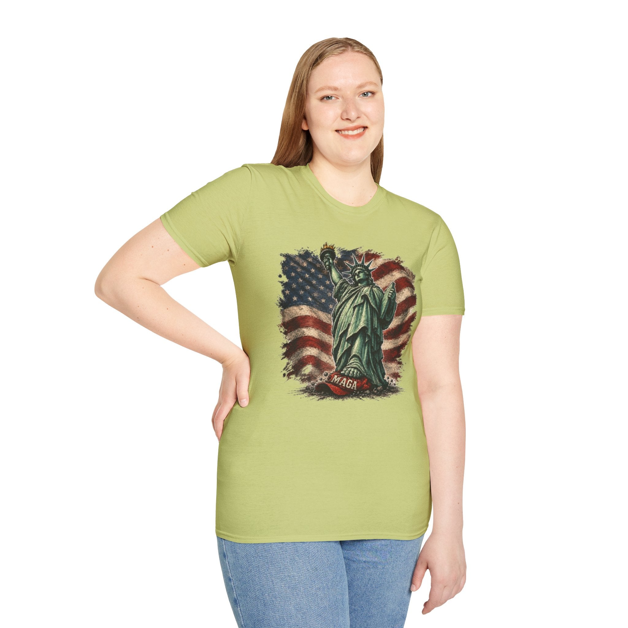 Statue of Liberty Stepping on MAGA American Flag T-Shirt — Patriotic USA Independence Day Tee