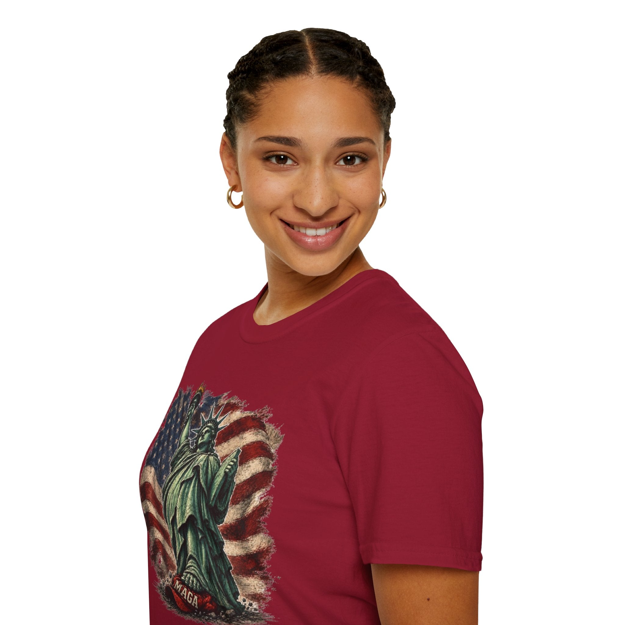 Statue of Liberty Stepping on MAGA American Flag T-Shirt — Patriotic USA Independence Day Tee