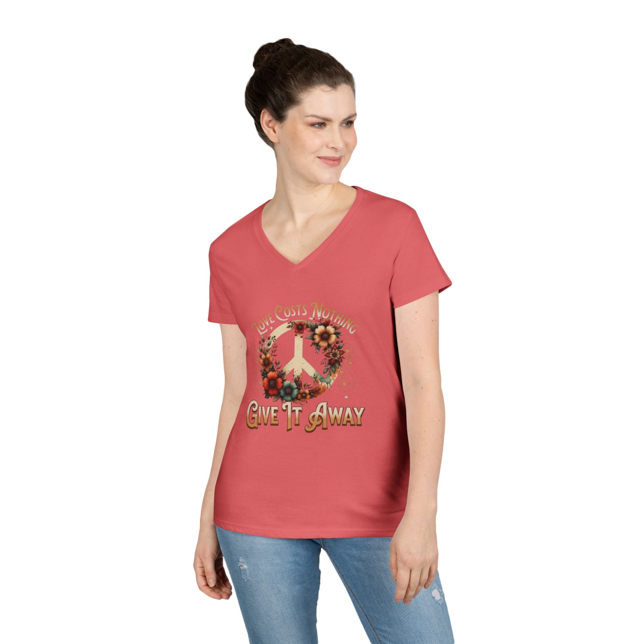 Women's Peace Love T-Shirt - Give It Away | Floral V-Neck Tee for Positive Vibes