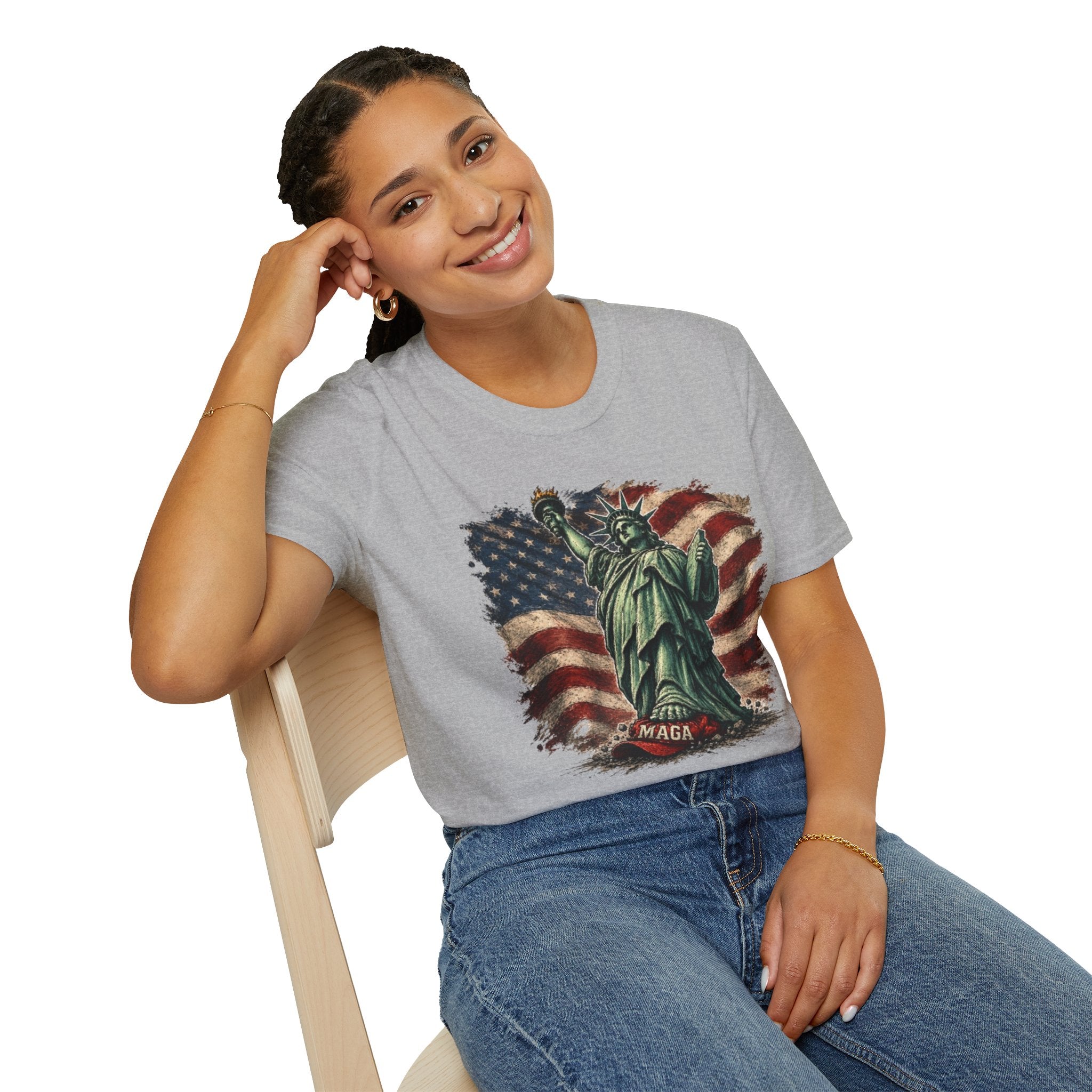 Statue of Liberty Stepping on MAGA American Flag T-Shirt — Patriotic USA Independence Day Tee
