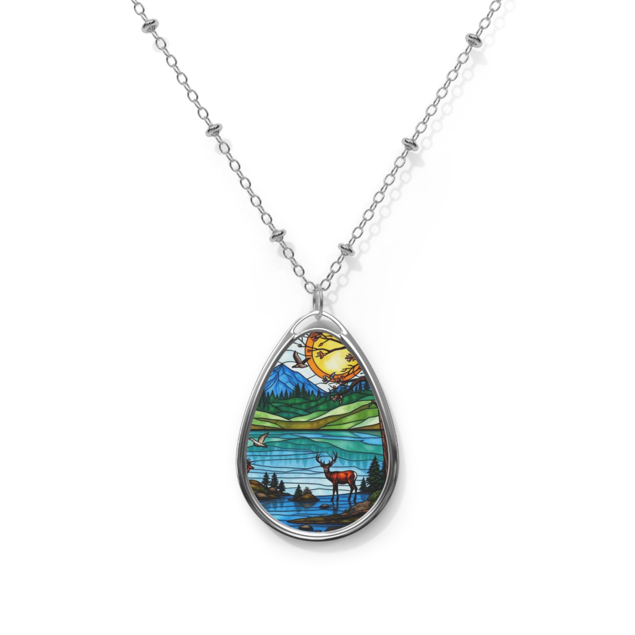 Oval Necklace — Stained Glass Landscape Teardrop Pendant Necklace