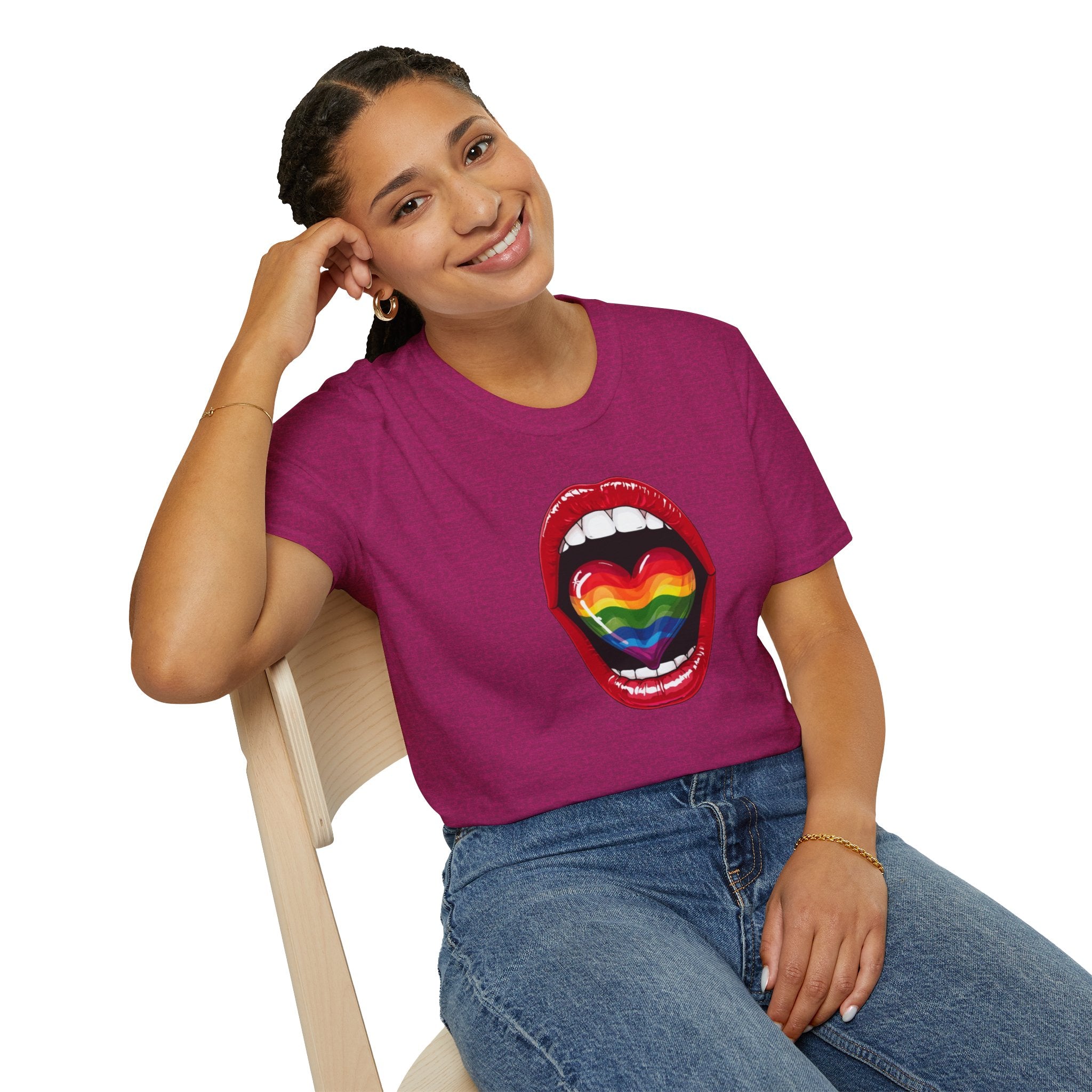 Pride Love Unisex Softstyle T-Shirt | LGBTQ+ Rainbow Heart Design