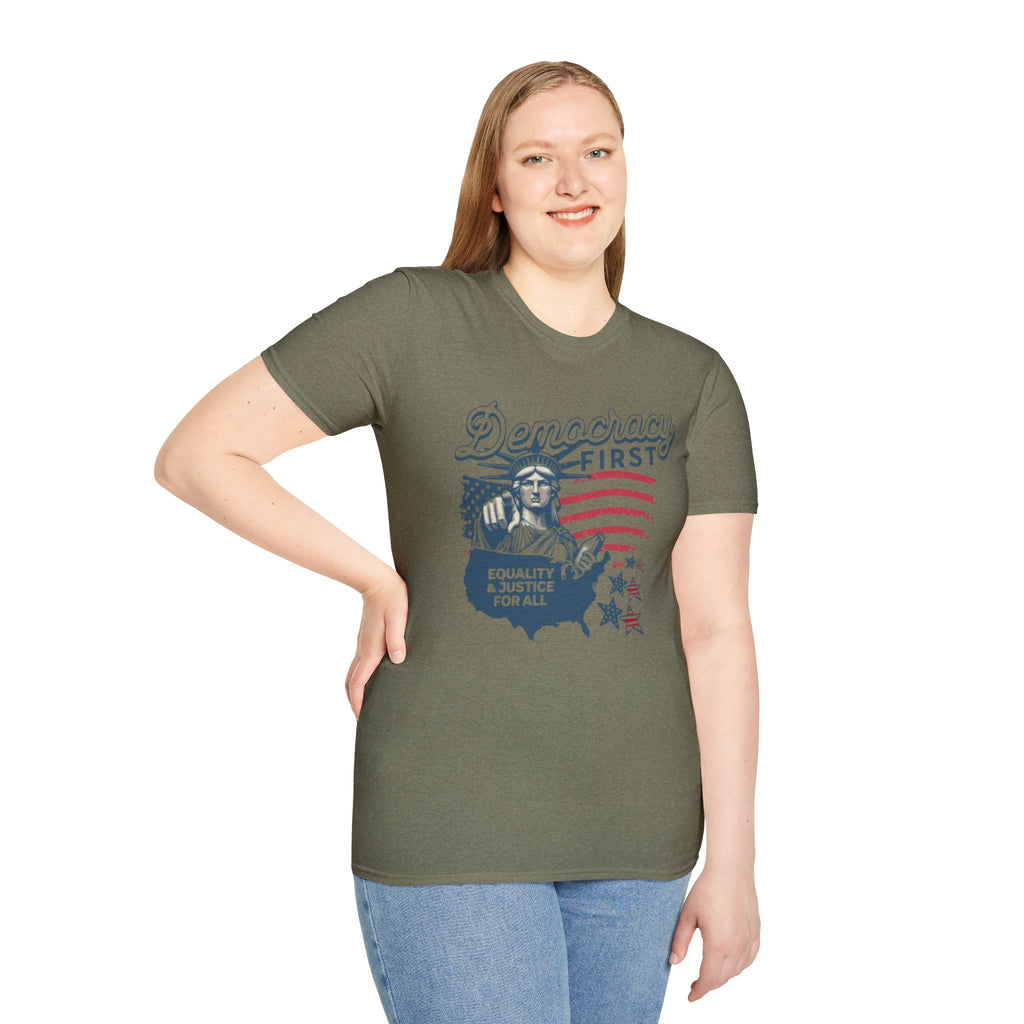 Democracy First T-Shirt | Unisex Softstyle Tee for Equality & Justice
