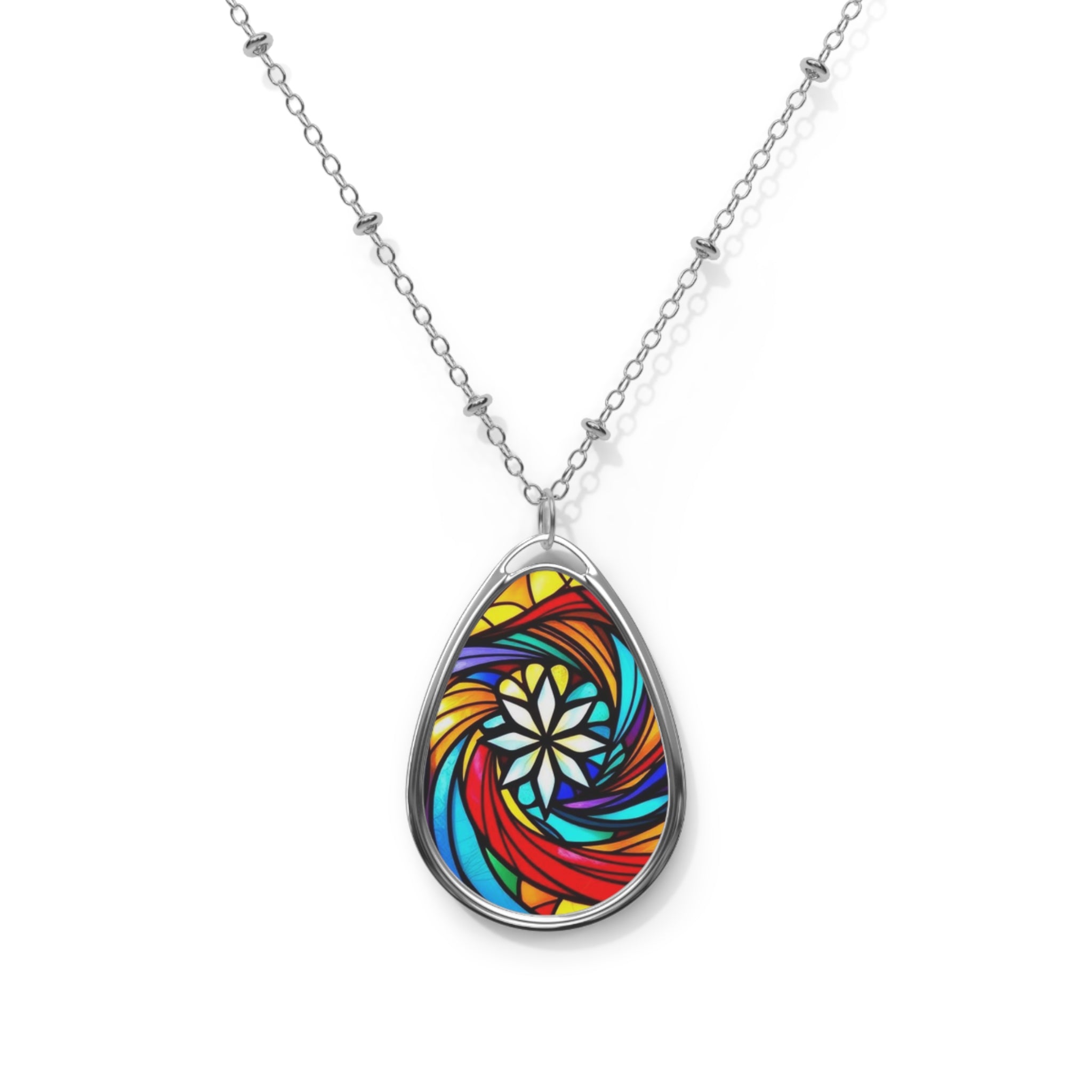 Oval Pendant Necklace — Rainbow Swirl with Star Teardrop Pendant