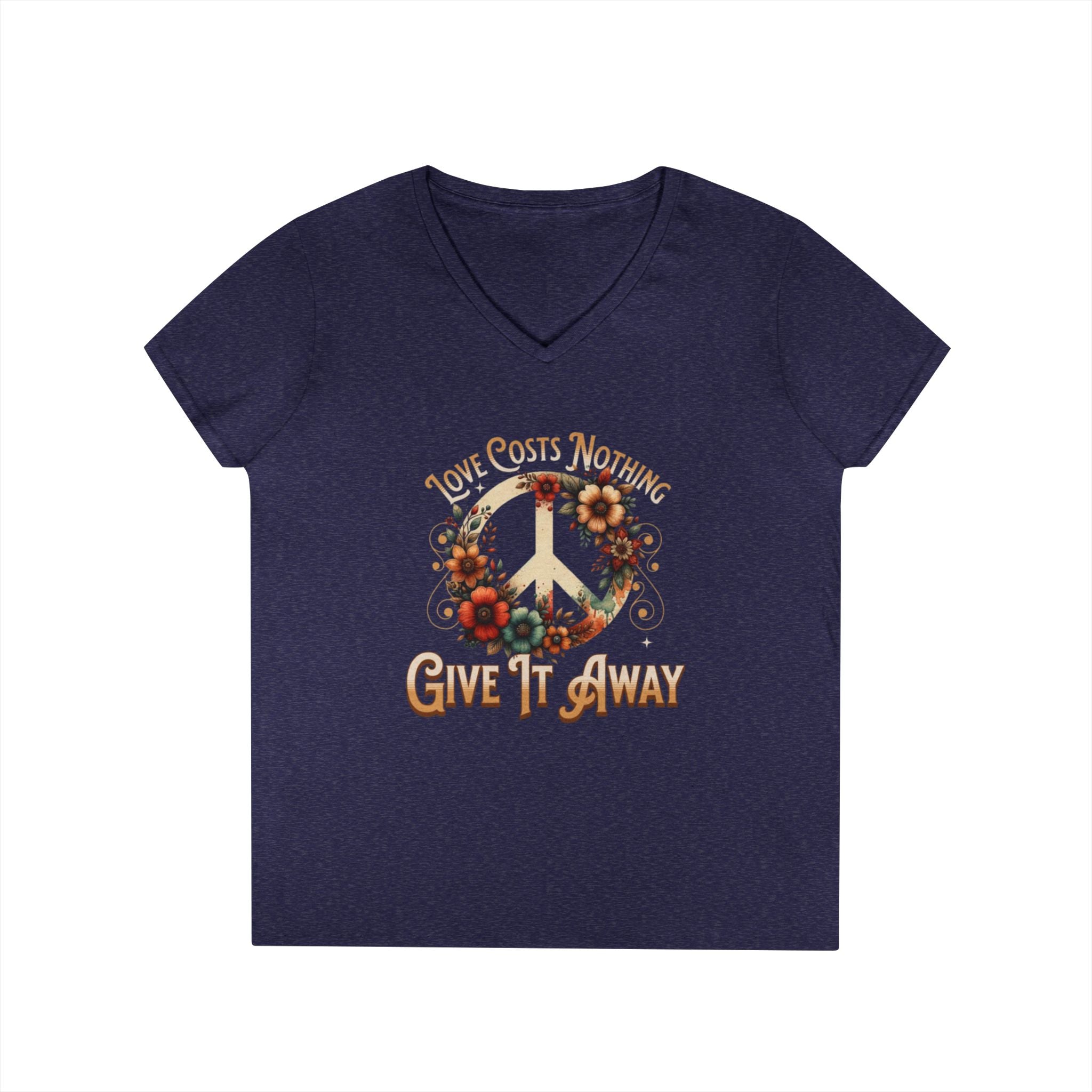 Women's Peace Love T-Shirt - Give It Away | Floral V-Neck Tee for Positive Vibes