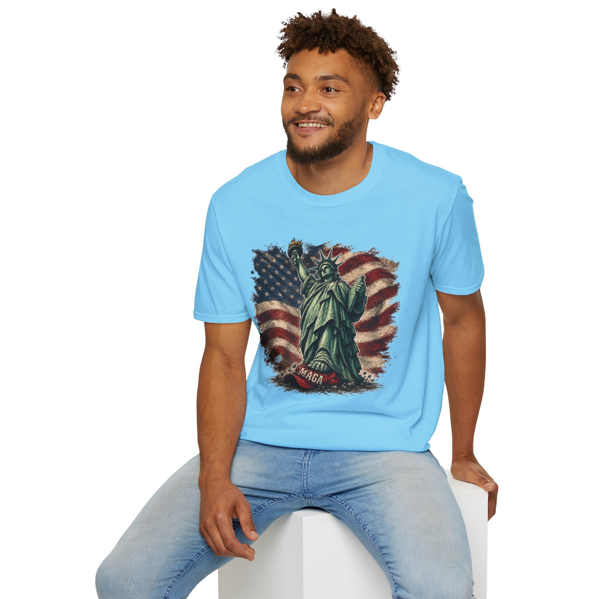 Statue of Liberty Stepping on MAGA American Flag T-Shirt — Patriotic USA Independence Day Tee