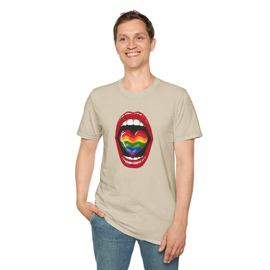 Pride Love Unisex Softstyle T-Shirt | LGBTQ+ Rainbow Heart Design