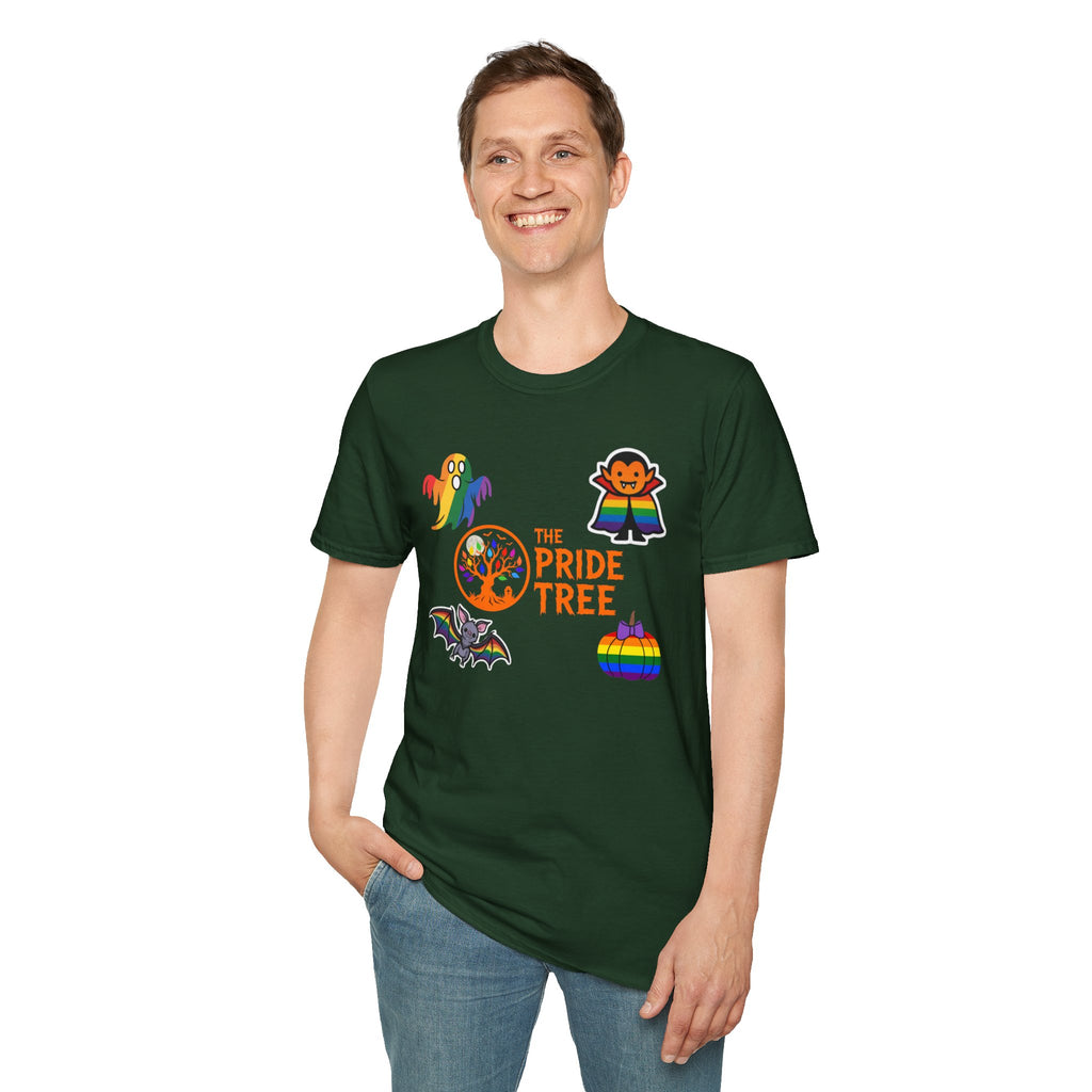 The Pride Tree Halloween T‑Shirt — Rainbow Ghosts, Pumpkins & Bat Graphic Tee