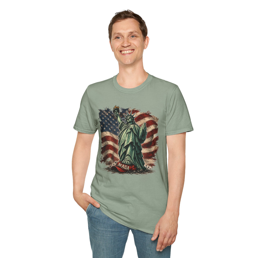 Statue of Liberty Stepping on MAGA American Flag T-Shirt — Patriotic USA Independence Day Tee