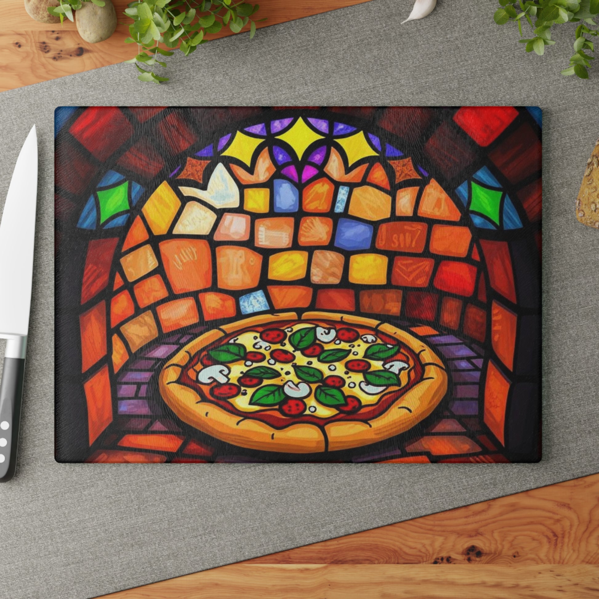 Stained Glass Pizza Cutting Board Colorful Kitchen Art for Food Lovers
