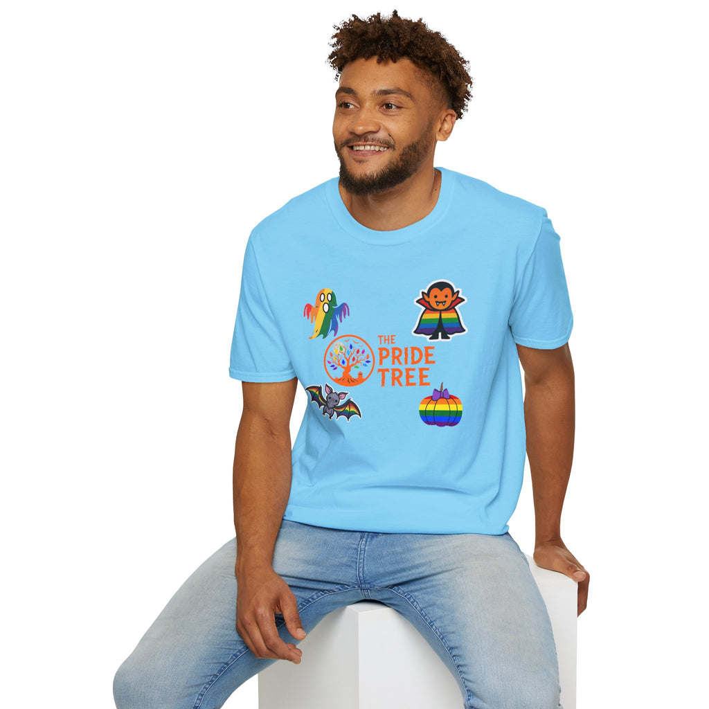 The Pride Tree Halloween T‑Shirt — Rainbow Ghosts, Pumpkins & Bat Graphic Tee