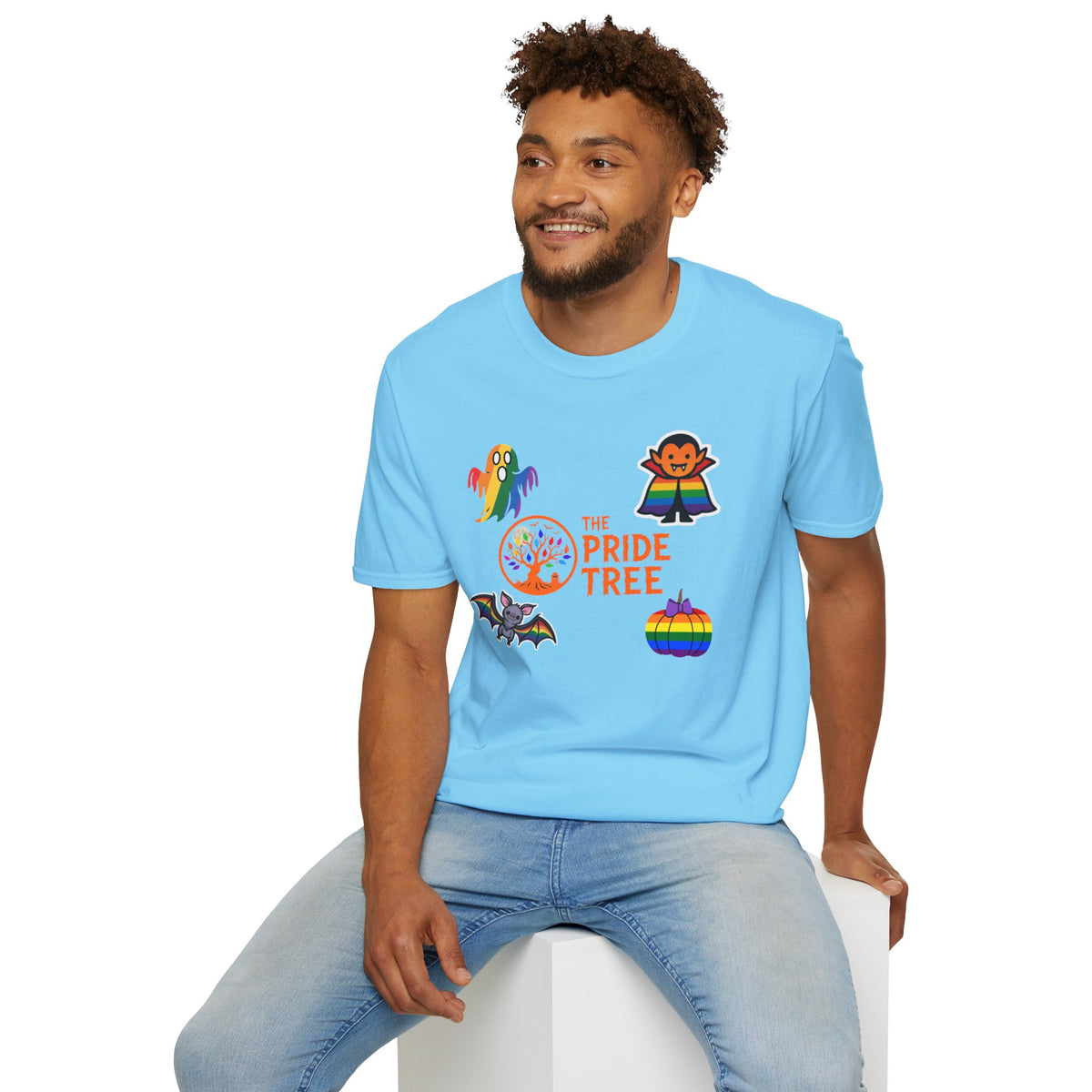 The Pride Tree Halloween T‑Shirt — Rainbow Ghosts, Pumpkins & Bat Graphic Tee