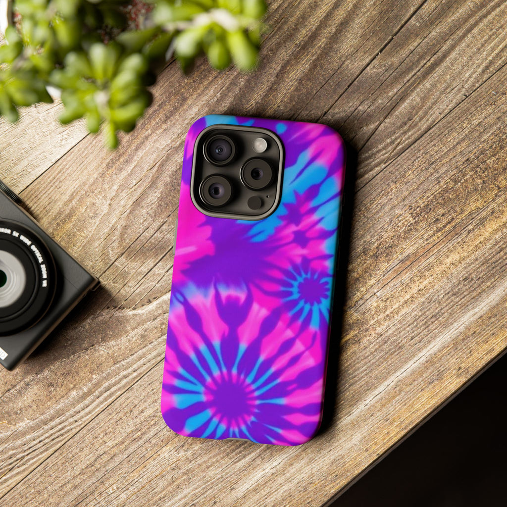 Tie-Dye Floral Phone Case for iPhone — Pink & Blue Retro Protective Tough Case