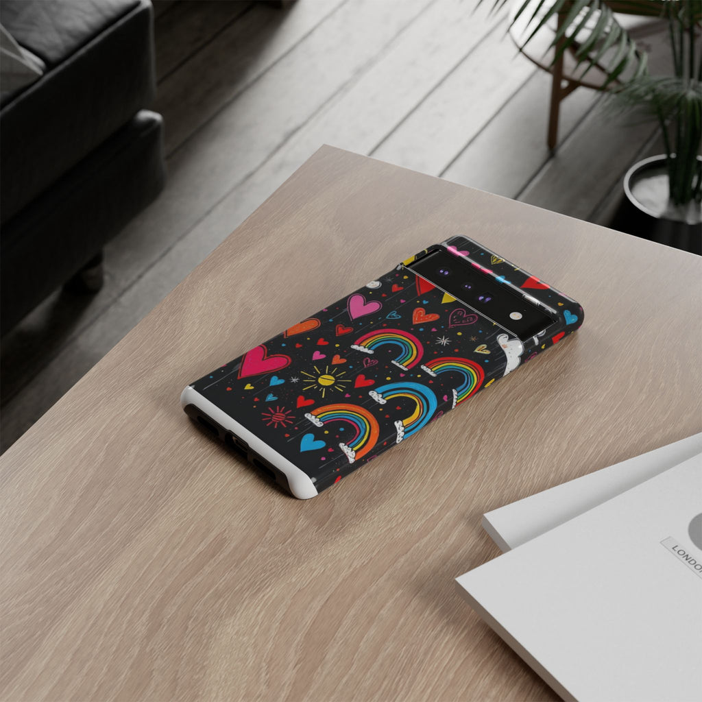 Android OR iPhone Compatible Cases - Doodle Hearts and Rainbows Design