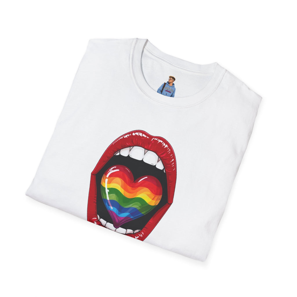 Pride Love Unisex Softstyle T-Shirt | LGBTQ+ Rainbow Heart Design