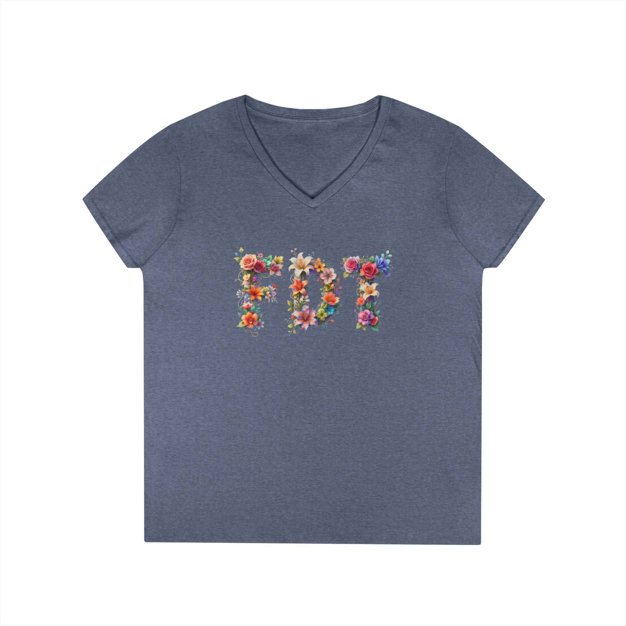 Floral Initials 'FDT' Ladies' V-Neck Tee — Colorful Botanical Monogram Shirt