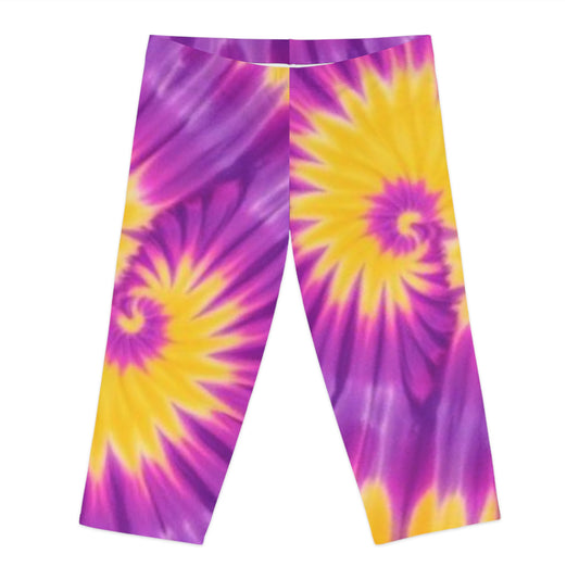 Women's Tie-Dye Capri Leggings - Vibrant Purple & Yellow Swirl Design