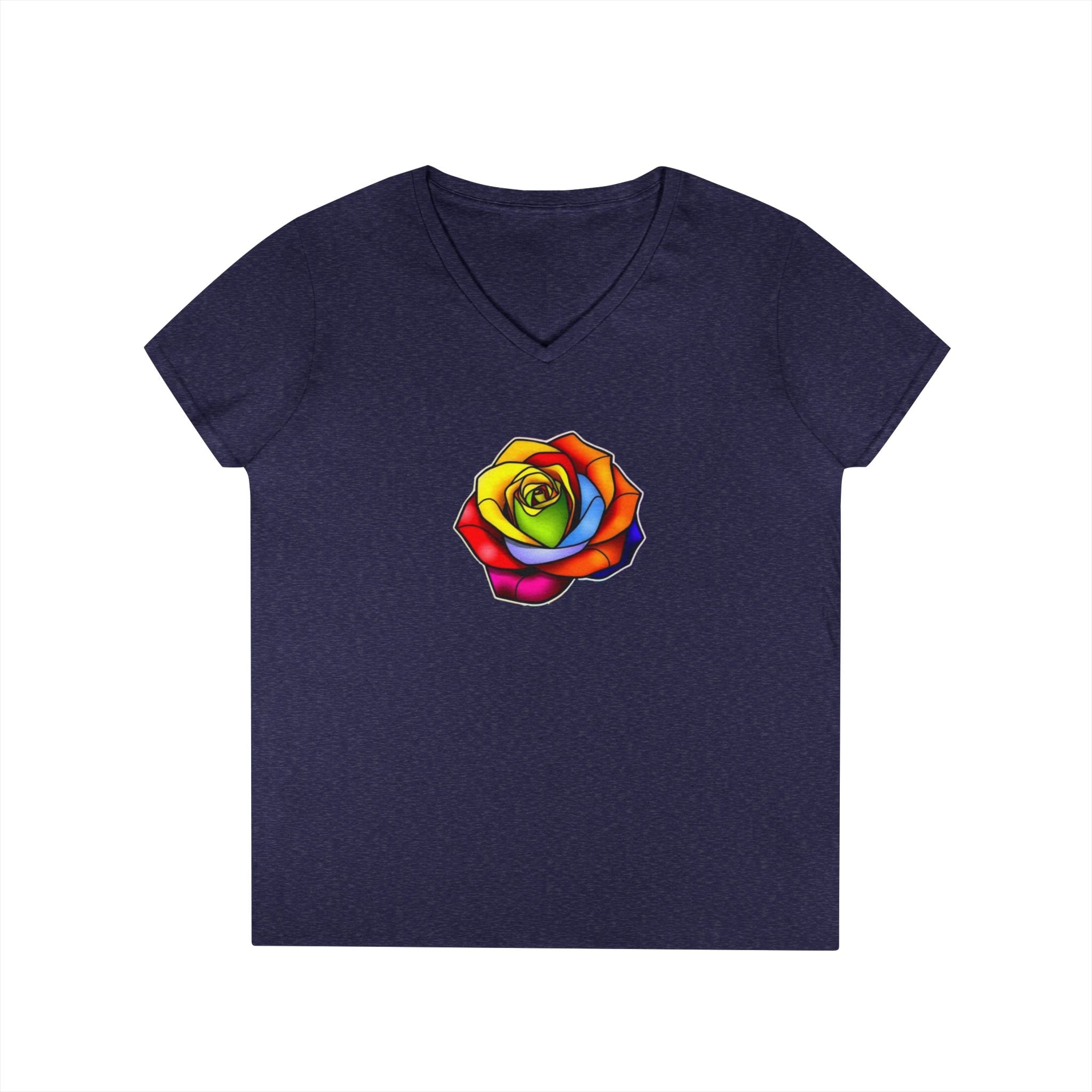 Rainbow Rose Ladies' V-Neck T-Shirt - Colorful Floral Design