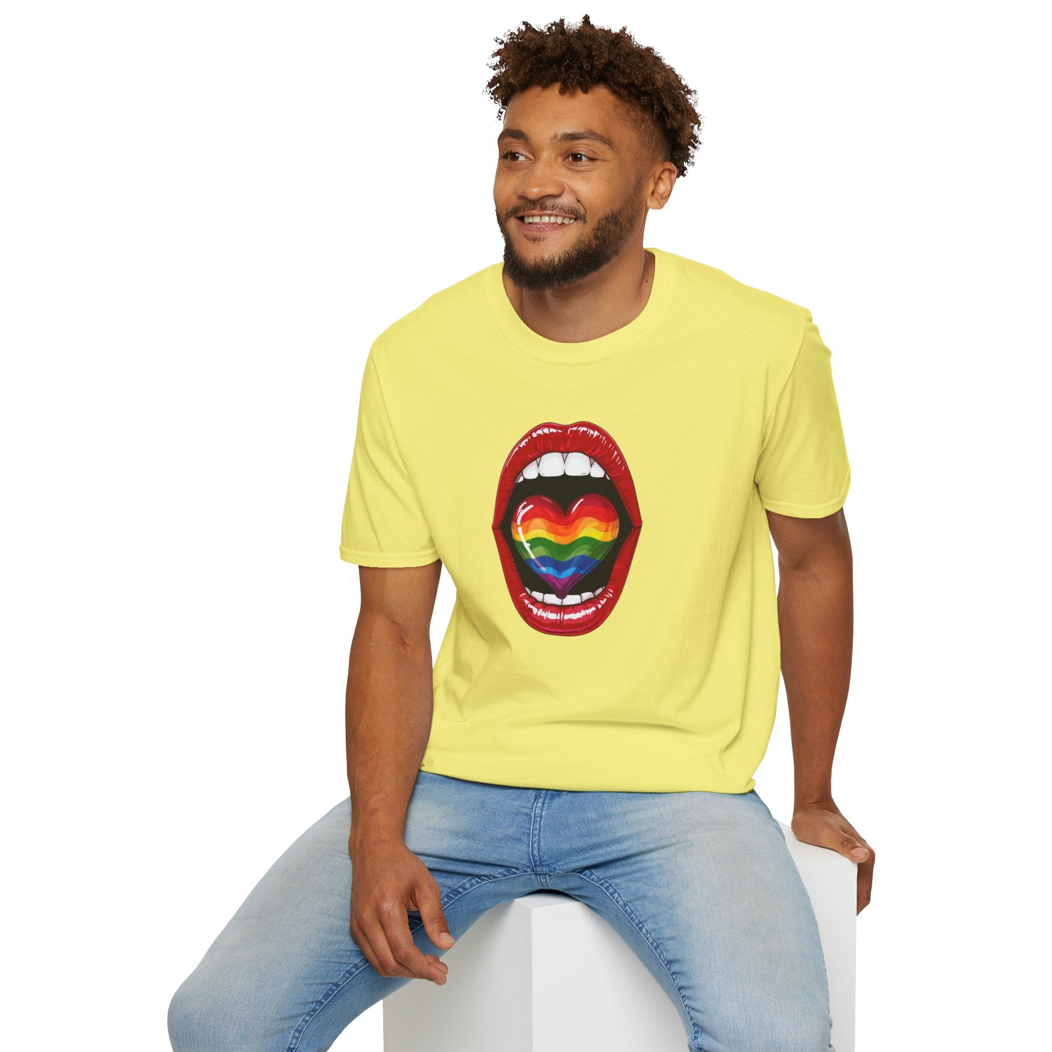 Pride Love Unisex Softstyle T-Shirt | LGBTQ+ Rainbow Heart Design