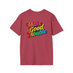 Inspirational Unisex Softstyle T-Shirt - 'Make Good Trouble' Rainbow Statement Tee