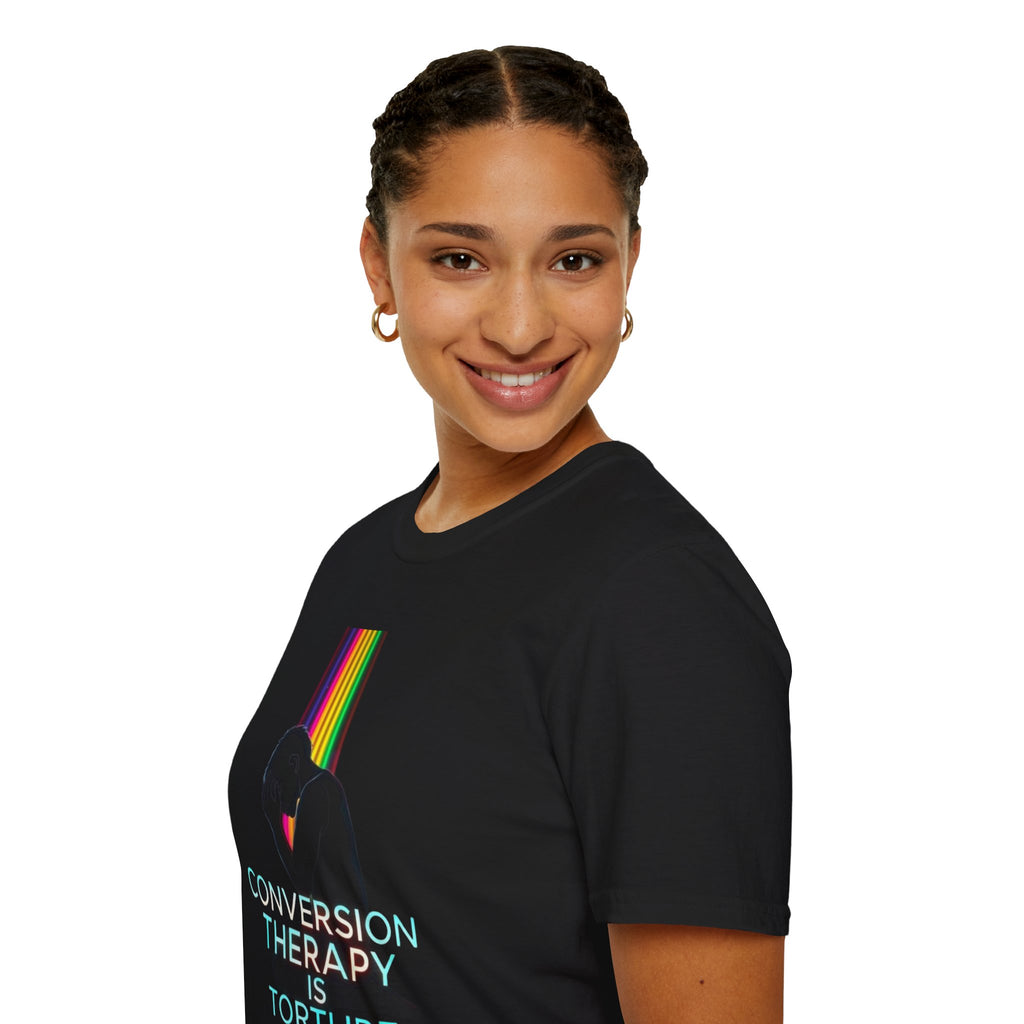 Unisex Softstyle T-Shirt - LGBTQ+ Empowerment T-Shirt: Conversion Therapy is Torture & We All Belong