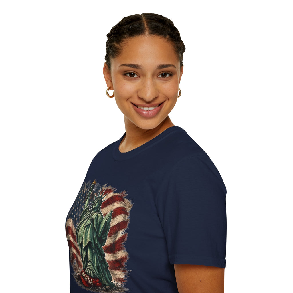 Statue of Liberty Stepping on MAGA American Flag T-Shirt — Patriotic USA Independence Day Tee