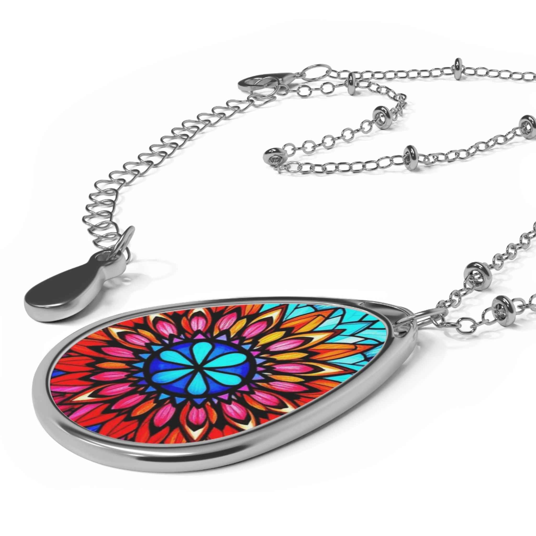 Oval Pendant Necklace — Colorful Mandala Teardrop