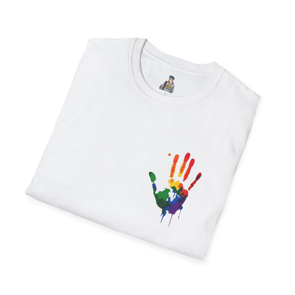 Inclusive Art Unisex Softstyle T-Shirt – ‘ Rainbow Handprint We All Belong’