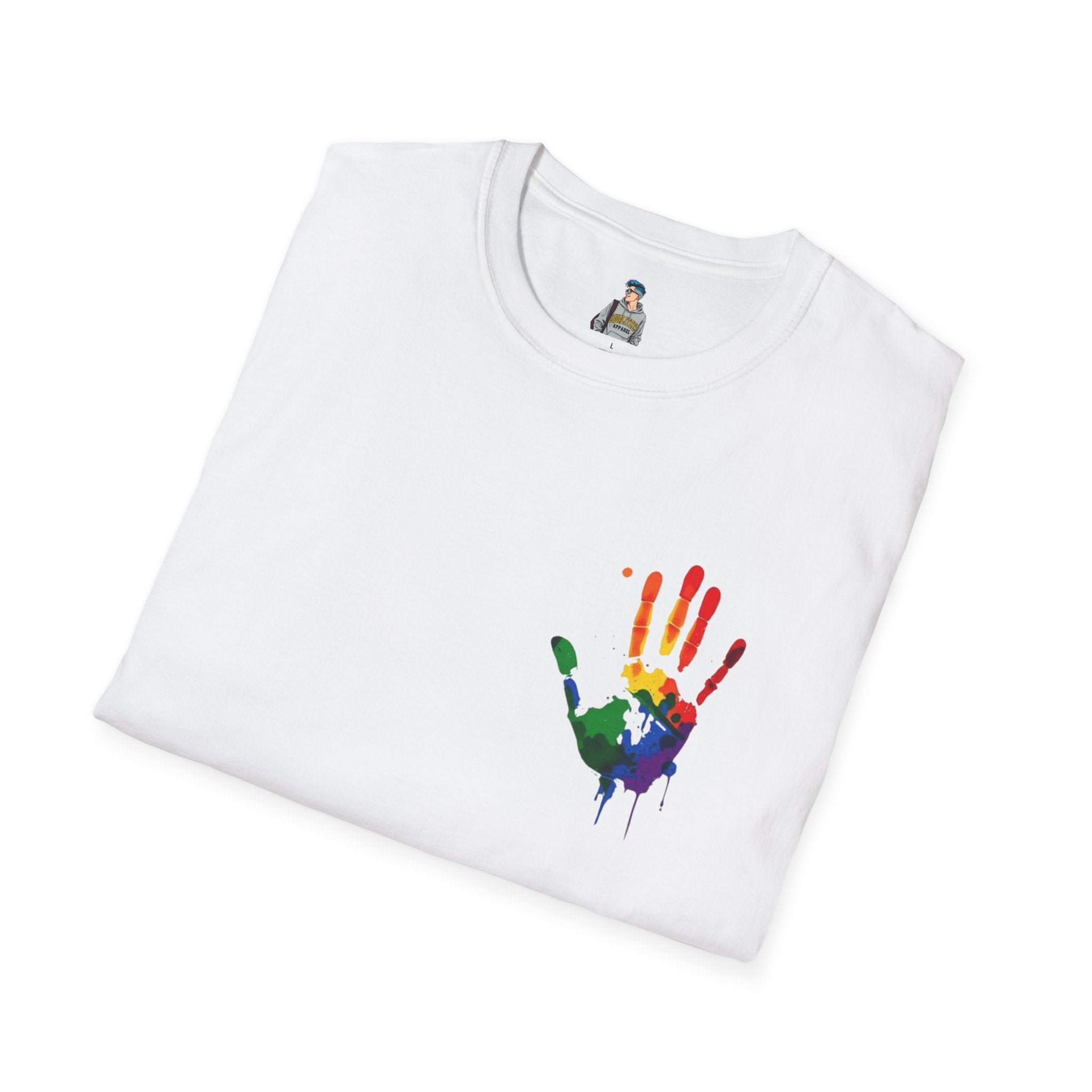 Inclusive Art Unisex Softstyle T-Shirt – ‘ Rainbow Handprint We All Belong’