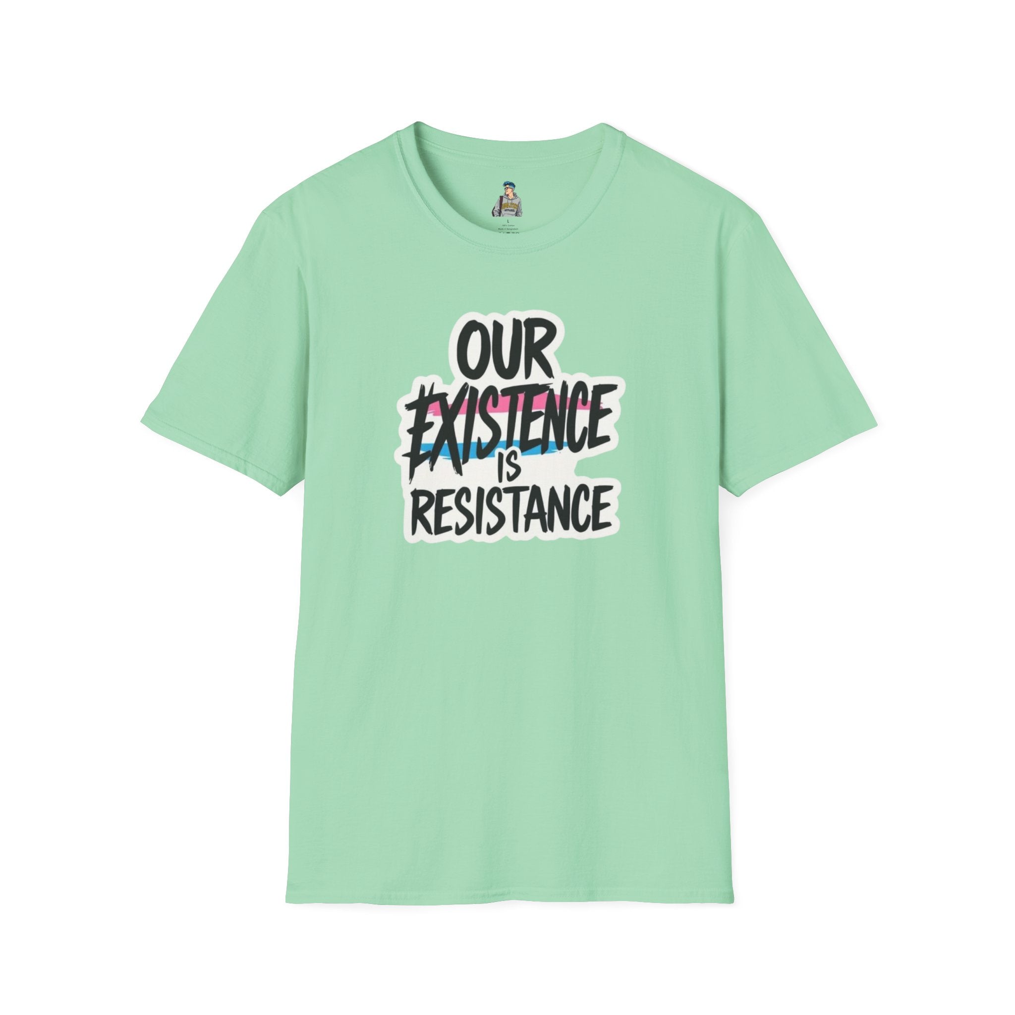Our Existence is Resistance Trans Pride Unisex Softstyle T-Shirt - Empowering Statement Tee for Activists and Advocates