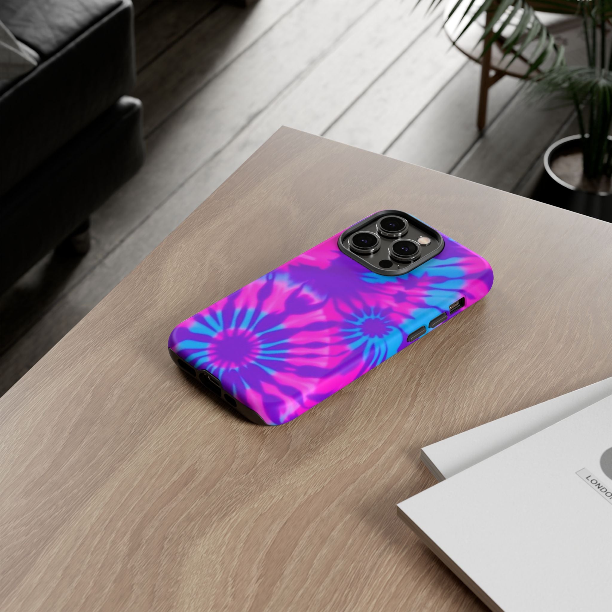 Tie-Dye Floral Phone Case for iPhone — Pink & Blue Retro Protective Tough Case
