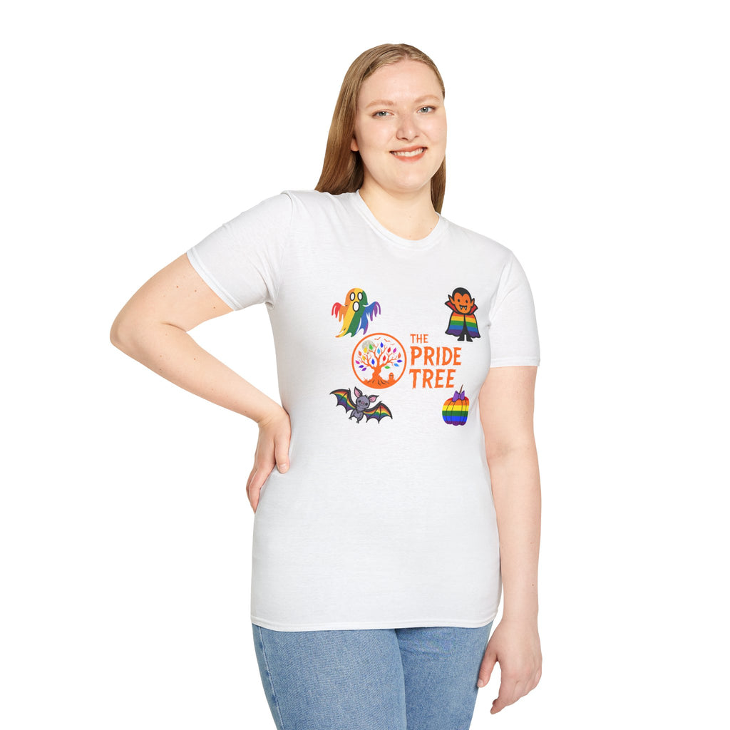 The Pride Tree Halloween T‑Shirt — Rainbow Ghosts, Pumpkins & Bat Graphic Tee