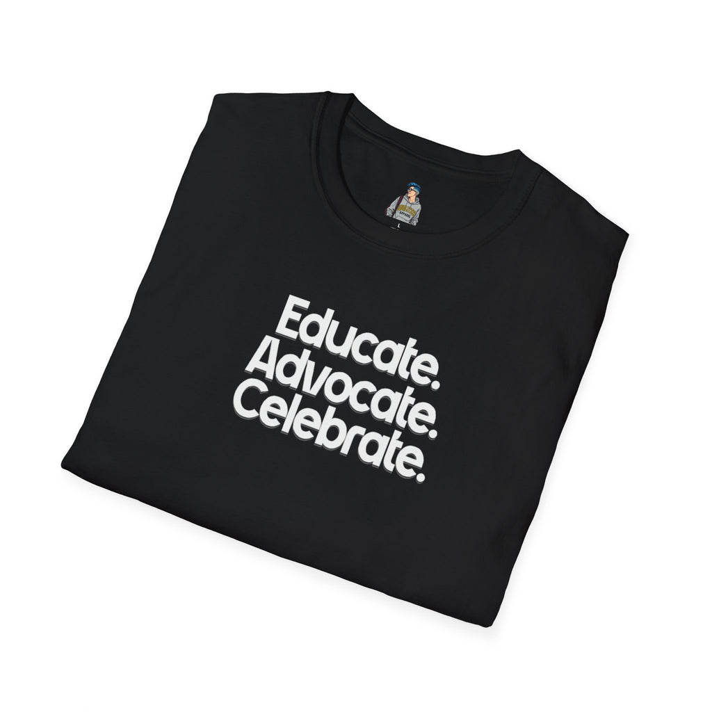 Educate. Advocate. Celebrate. Minimalist Pride T-Shirt - EqualiTees.Me