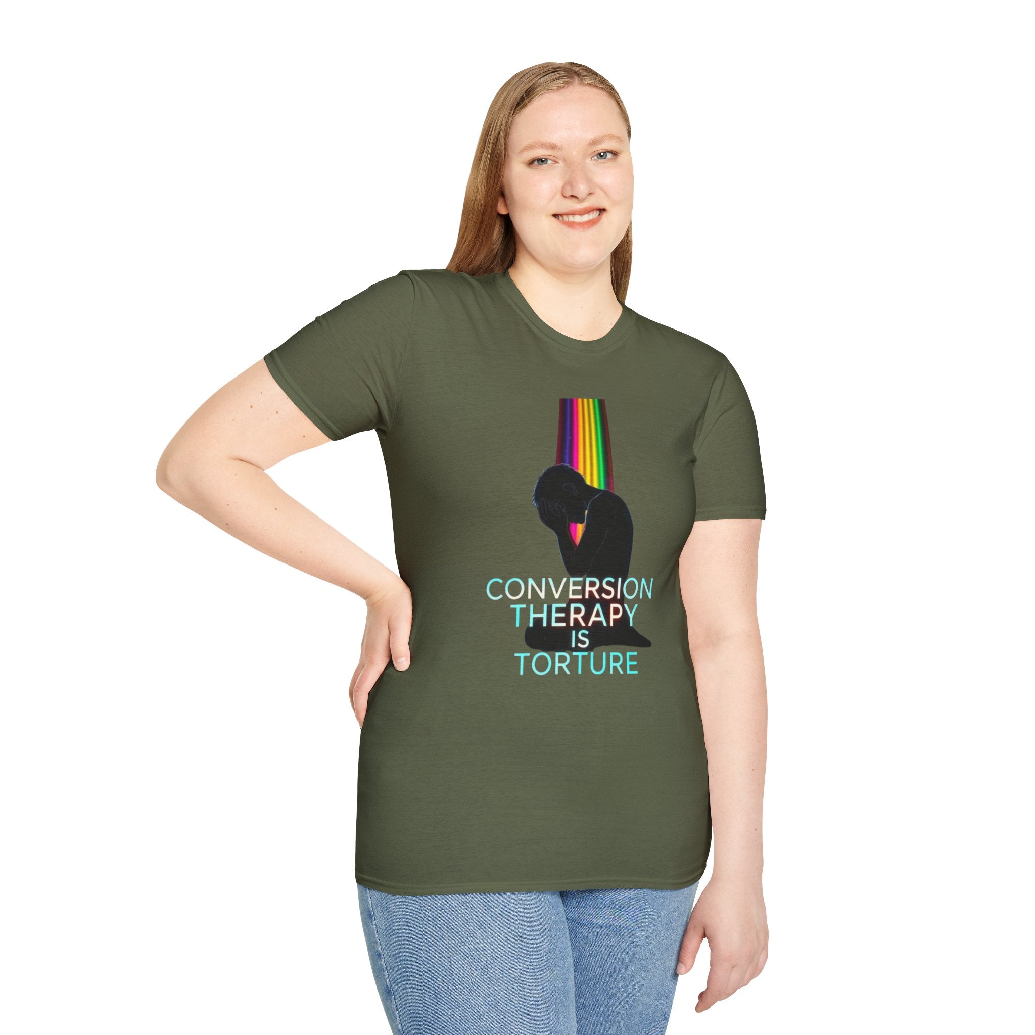 Unisex Softstyle T-Shirt - LGBTQ+ Empowerment T-Shirt: Conversion Therapy is Torture & We All Belong