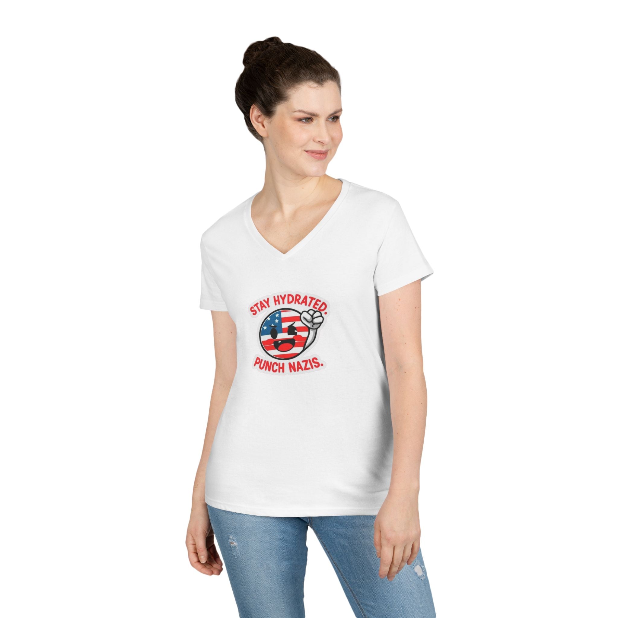 Stay Hydrated Punch Nazis V-Neck T-Shirt - Protest against Fascism Message Tee for Activists