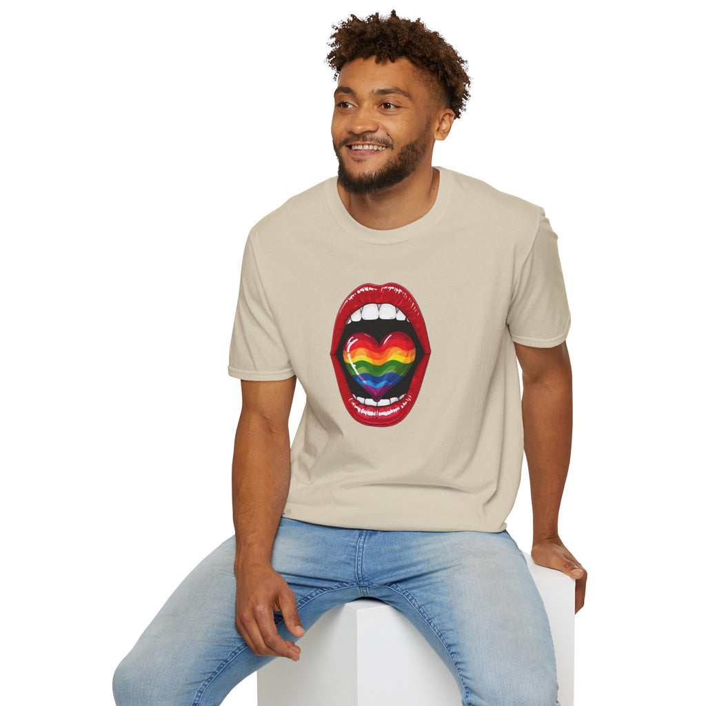 Pride Love Unisex Softstyle T-Shirt | LGBTQ+ Rainbow Heart Design