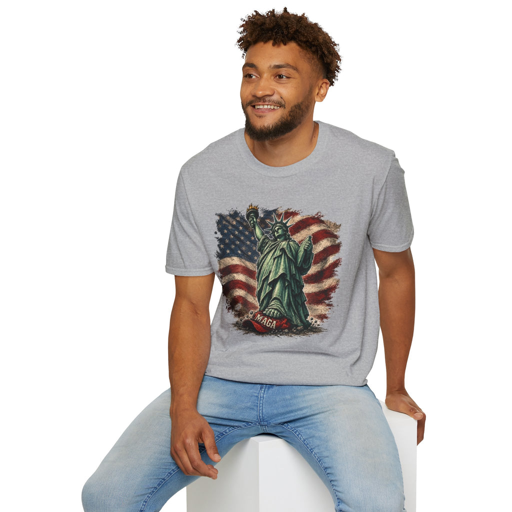 Statue of Liberty Stepping on MAGA American Flag T-Shirt — Patriotic USA Independence Day Tee