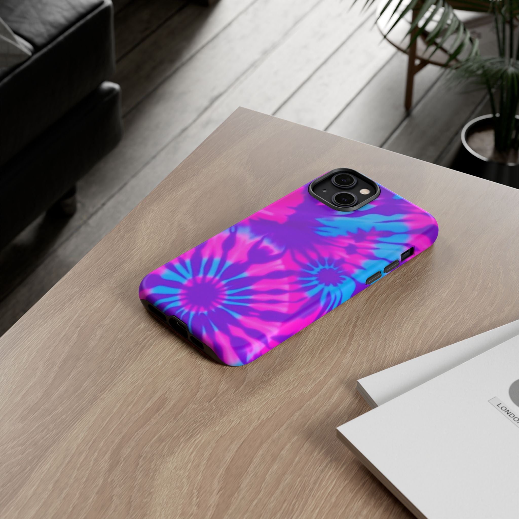 Tie-Dye Floral Phone Case for iPhone — Pink & Blue Retro Protective Tough Case