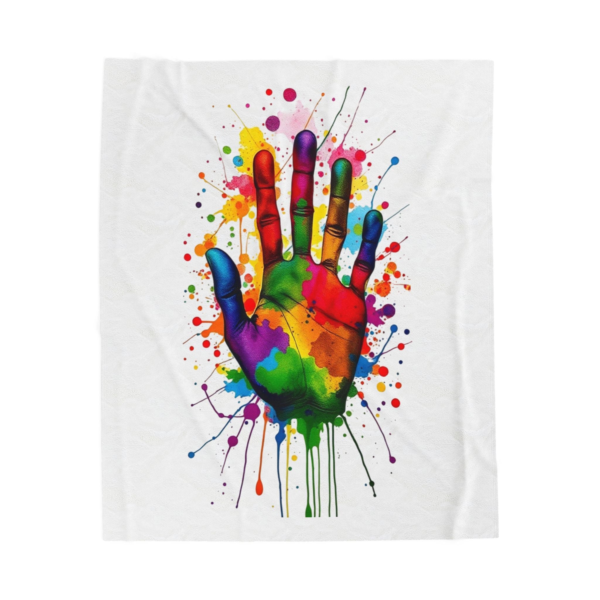 Rainbow Splash Handprint White Background Velveteen Plush Blanket – For Comfort and Warmth