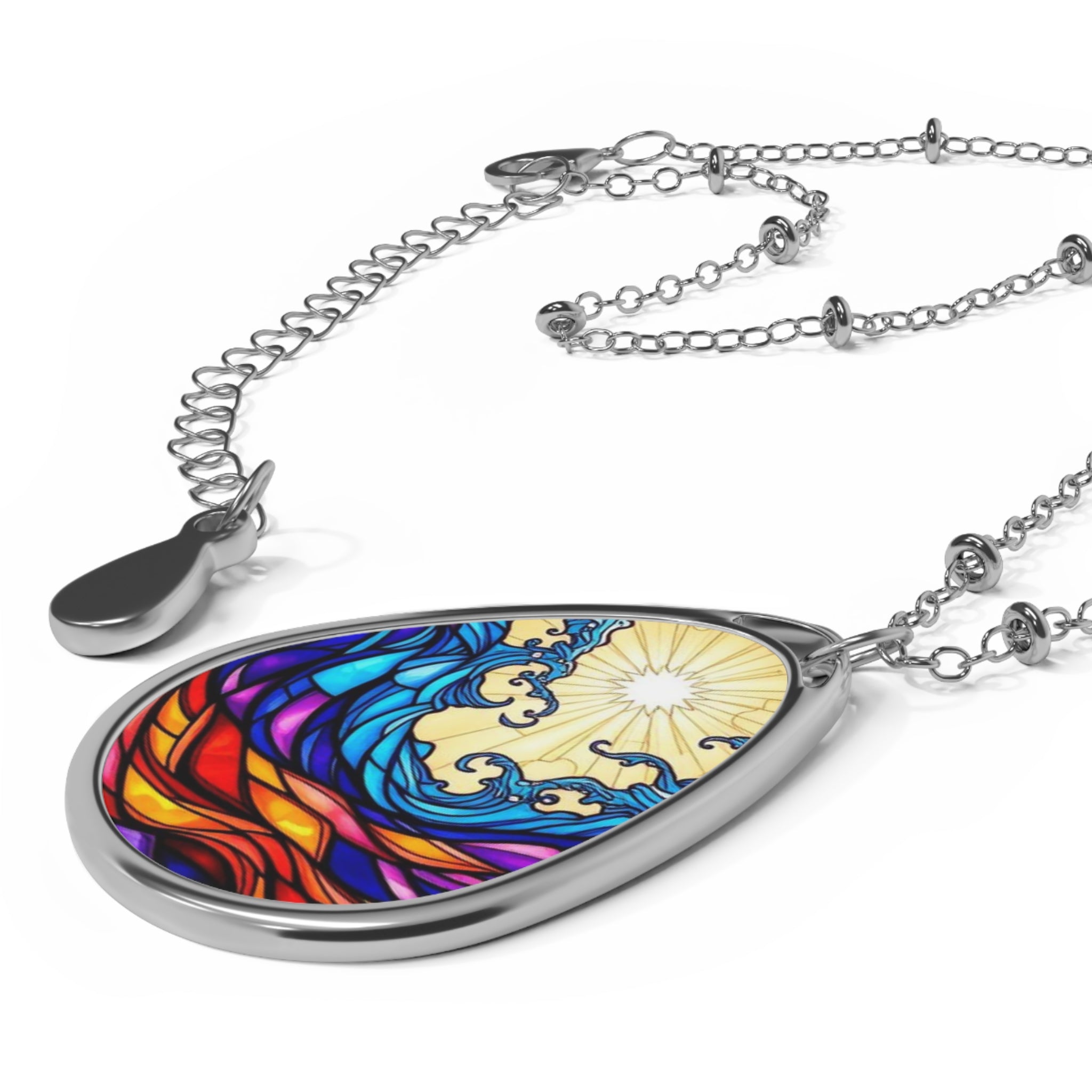 Oval Necklace — Stained Glass Sun & Wave Teardrop Pendant