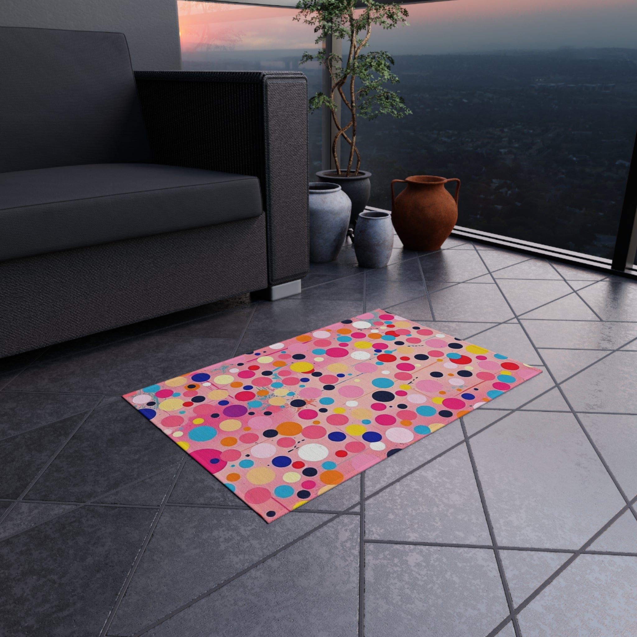 Abstract Dots and Pink Confetti Outdoor Rug - Colorful Decorative Mat for Patios & Gardens