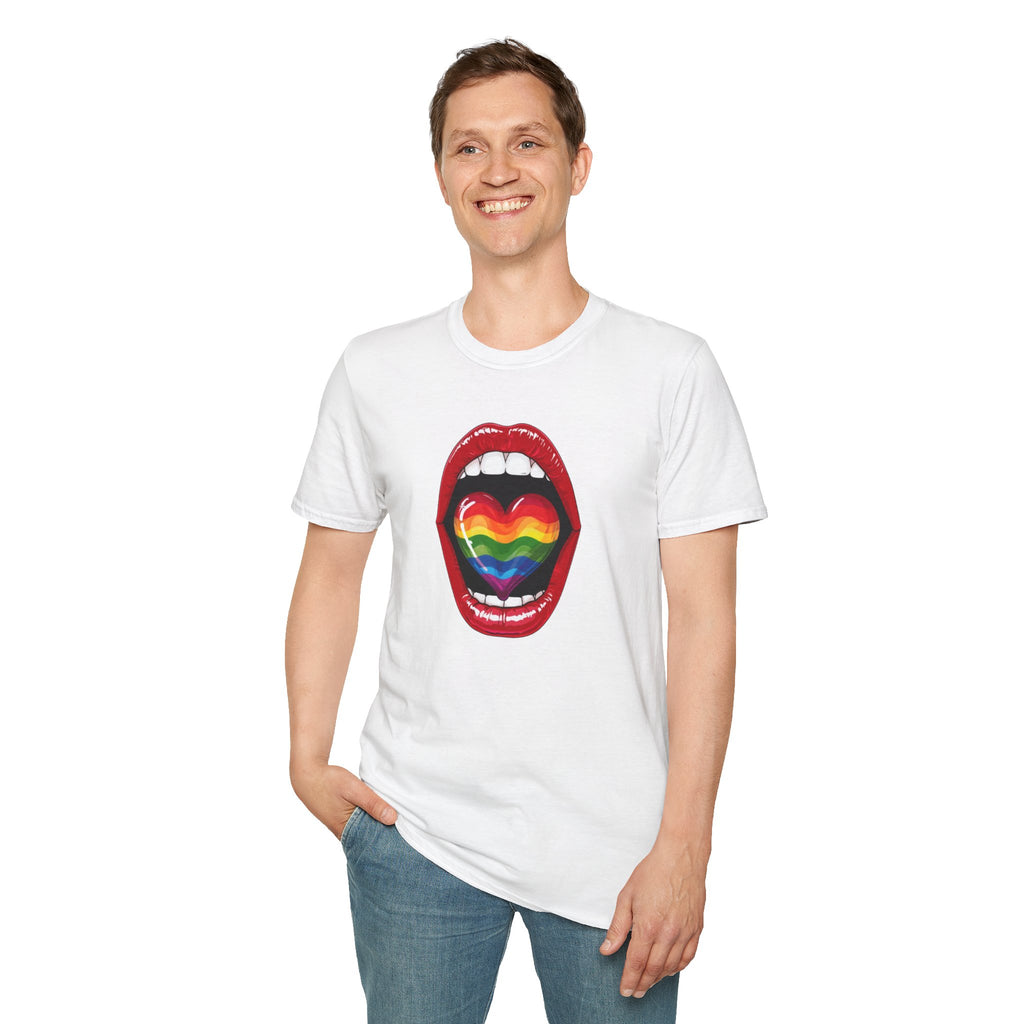 Pride Love Unisex Softstyle T-Shirt | LGBTQ+ Rainbow Heart Design
