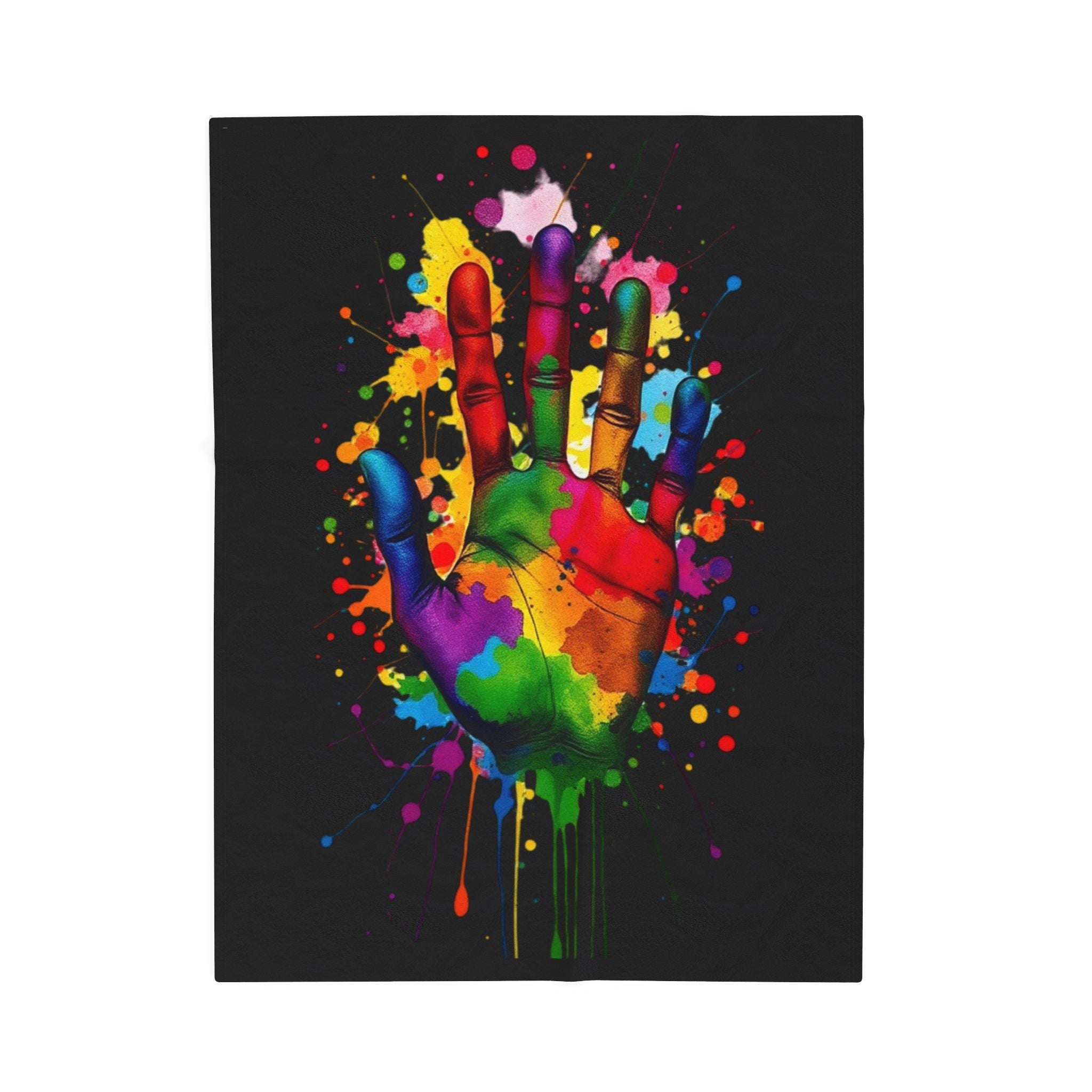 Rainbow Splash Handprint Black Background Velveteen Plush Blanket – For Comfort and Warmth